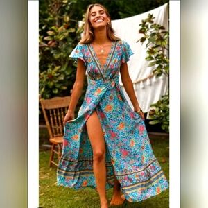 🌺Tropical Boho Maxi Wrap Dress; Shows off Cleavage & Legs! XS/S; Bright Colours